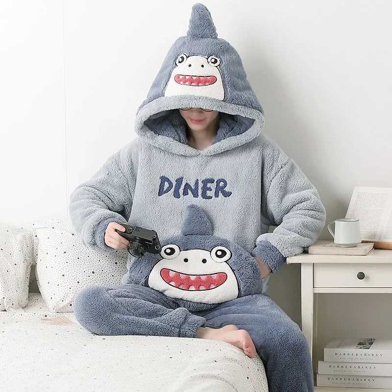 Winter Couples Pajamas Sets Thicken Women Men Sleepwear Pyjama Suit Shark Cute Soft Warm Homewear Pijama Unisex Hooded Pajama