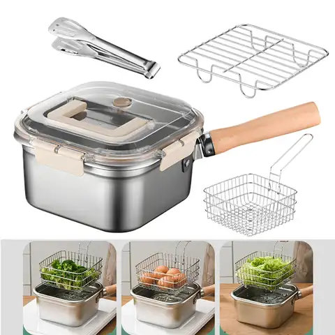 Deep Fryer Pan Set Square Camping Cooking Pot Large Stainless Steel Fryer Pasta Strainer Set Chicken Fried French Fries Cookware