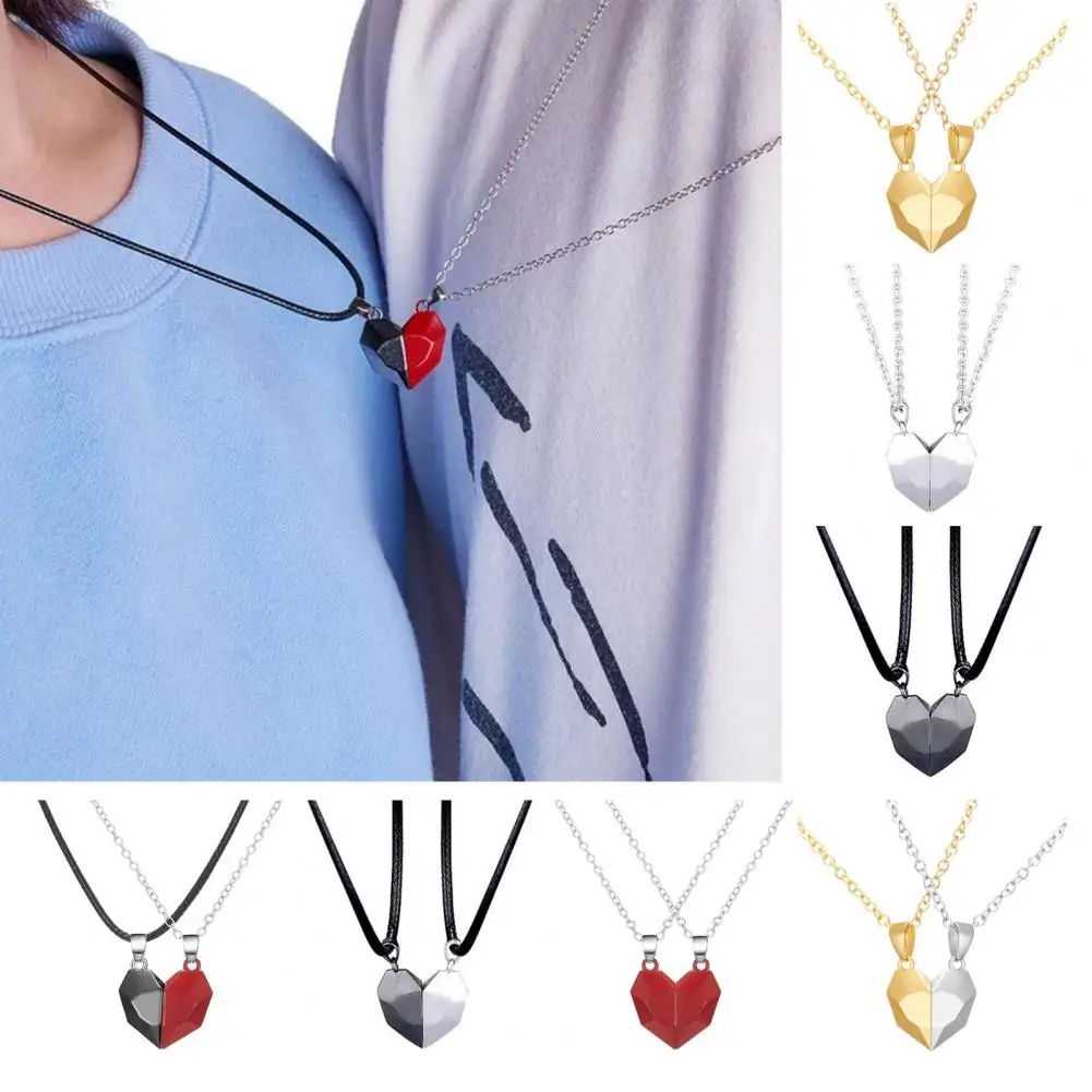 1 Pair Couple Matching Necklace Set Alloy Magnetic Heart Shape Pendant Romantic Love Pairing Necklaces Valentines Day Gift