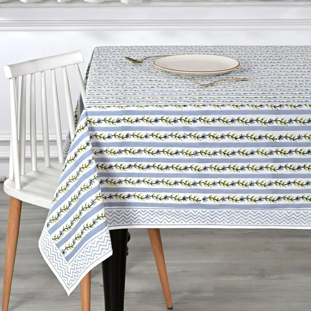 Grey Dolphin Hand Block Printed Cotton Tablecloth, 102x48 - Reusable Decor for Dining, Holidays & Events