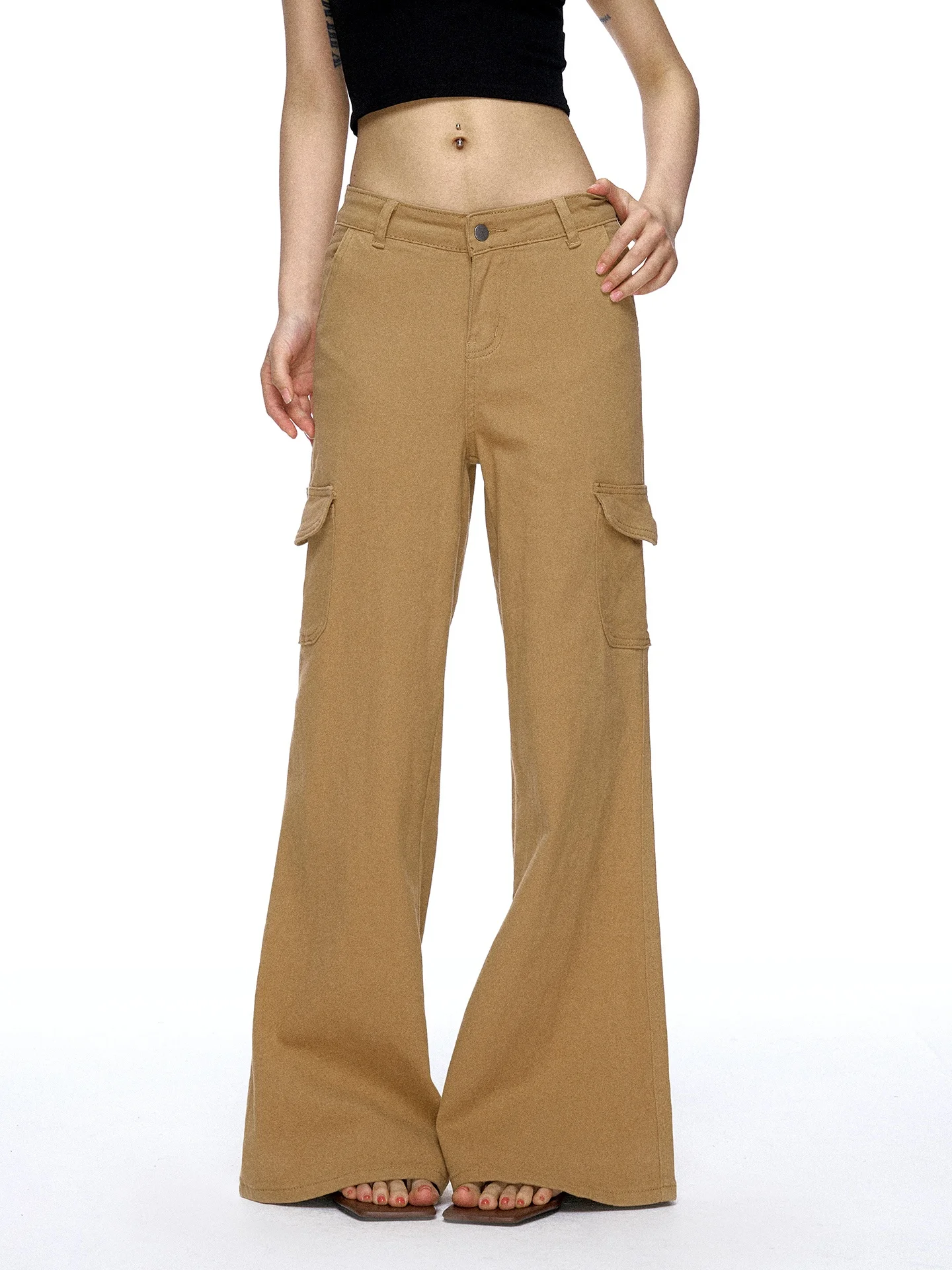 Khaki Color Bell Bottom Workwear Jeans Women's Summer New Design Multi Pocket Slim Wide Leg Pants Aaisup Natural Waist