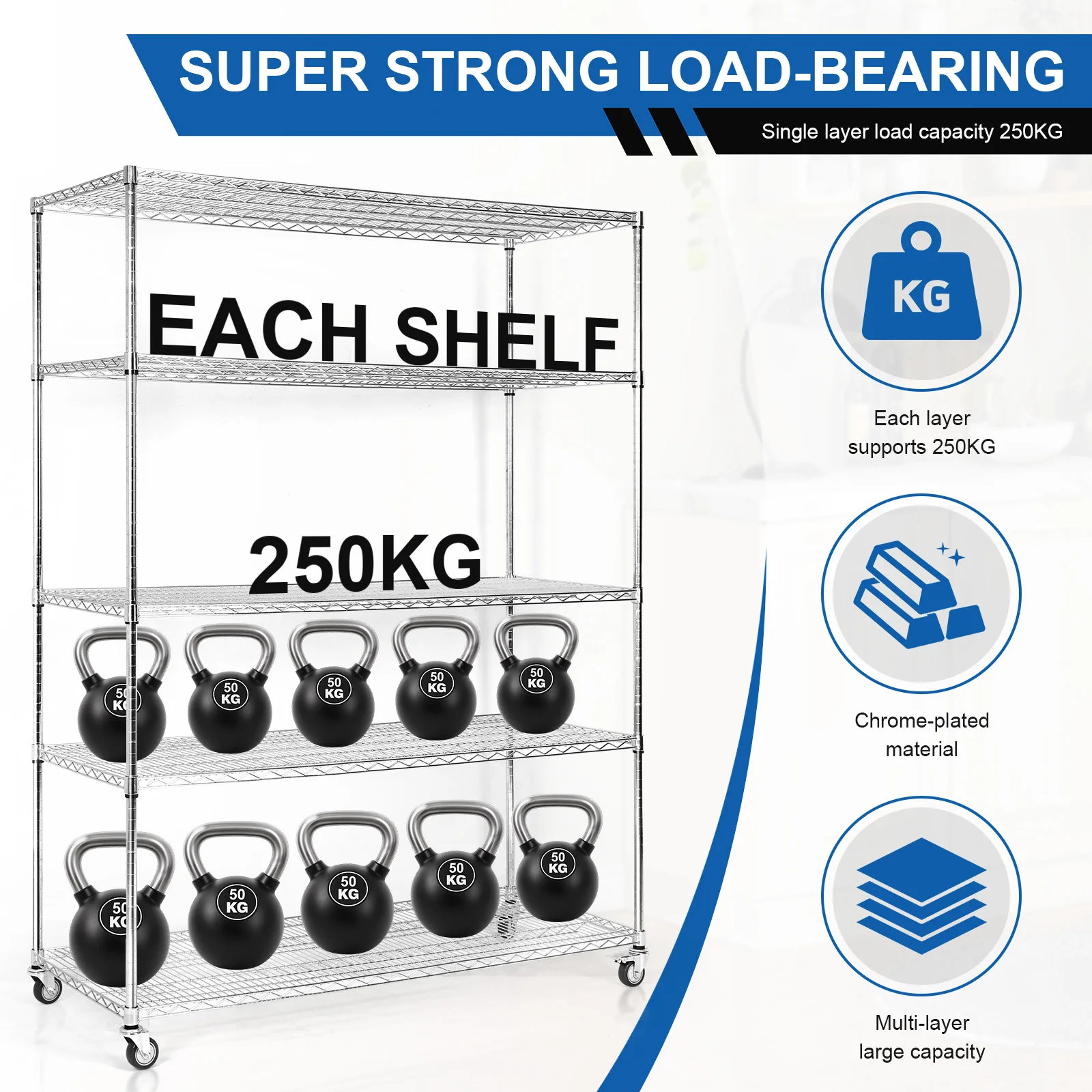 

5 Tier 7500lbs Capacity Metal NSF Shelf 1518x609x2000mm​ Heavy Duty Wire Shelving Unit for Pantry Garage Commercial Industrials