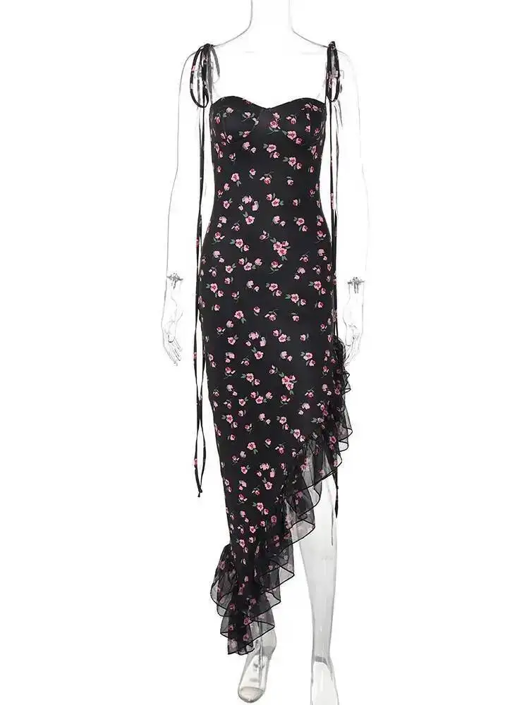 Vestido largo elegante ajustado sexi con volantes irregulares y cordones con espalda descubierta y estampado Floral para mujer, trajes de verano para fiesta de cumpleaños