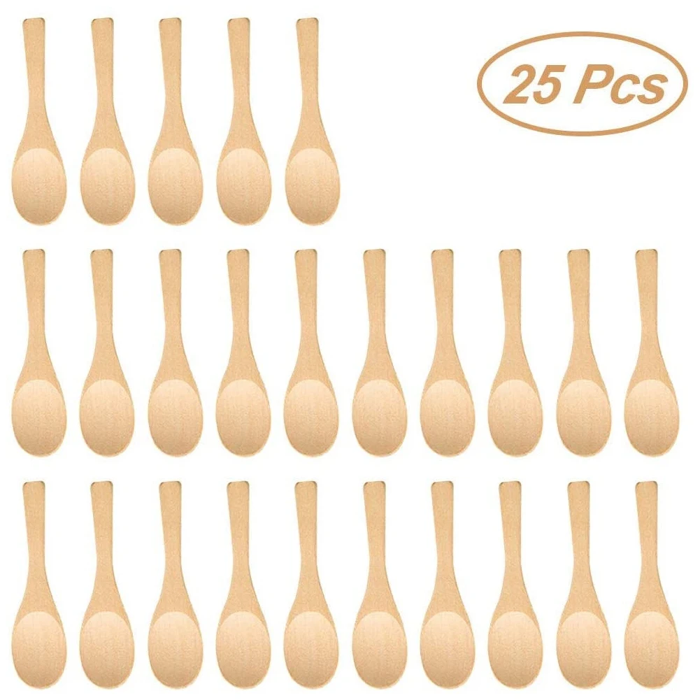 25Pcs Mini Handmade Wooden Spoon Ice Cream Sugar Jam Honey Coffee Teaspoon Kitchen Condiment Salt Mustard Spoon