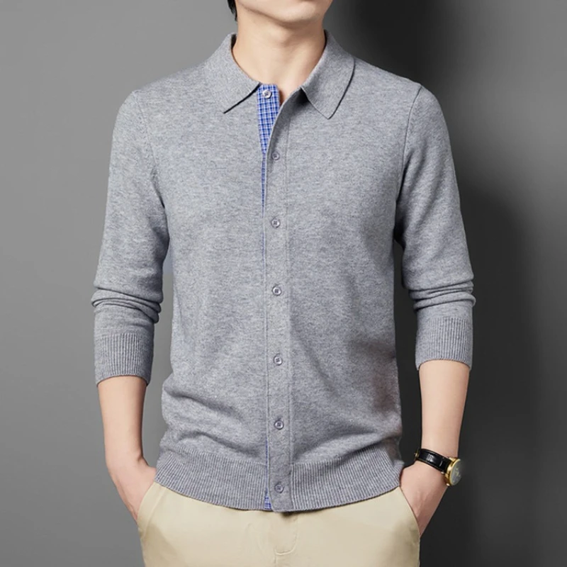 Men's Turn-Down Collar Cardigan, Casual Knit Acrylic Blend, Thickened Fabric Light Gray, Blue Accent Detail, 7 Colors