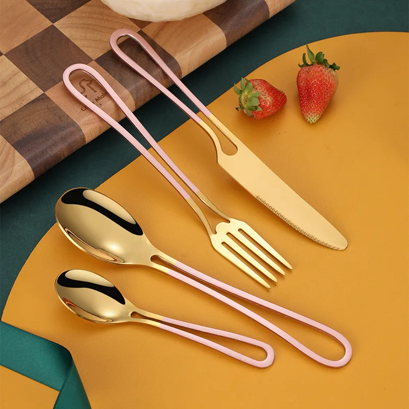 Jaswehome 4Pcs Hollow Handle Flatware Modern Cutlery Knife Fork Spoon Camping Daily Use Outdoor Stainless Steel Cutlery Set