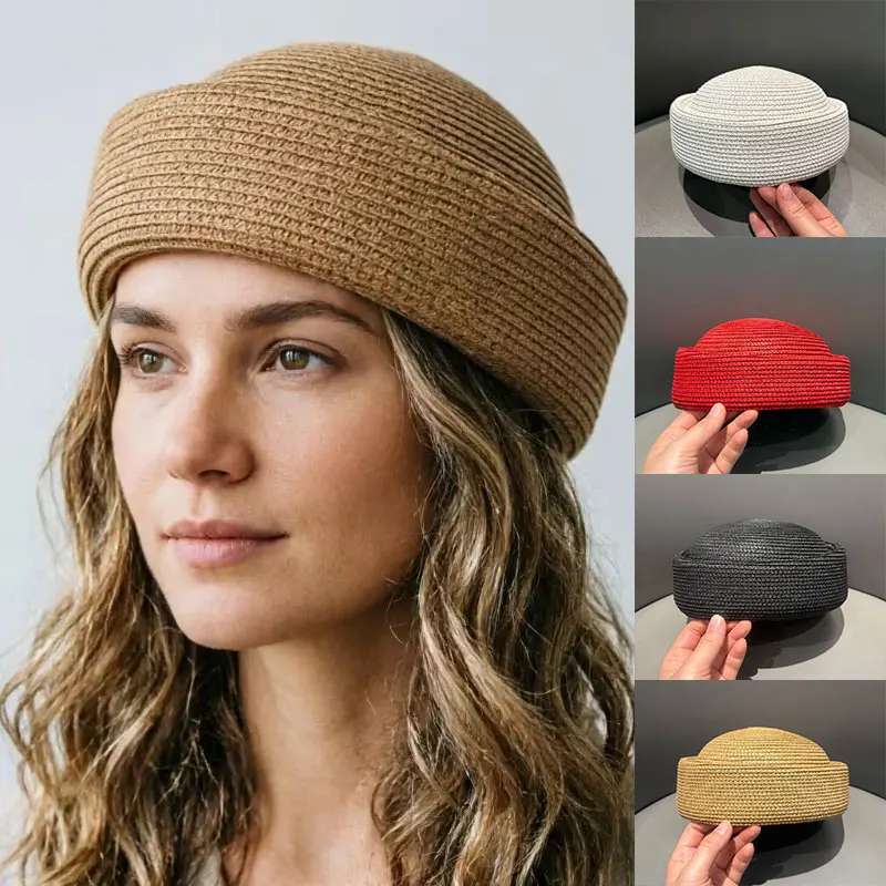 

Summer Straw Pillbox Hat Women Beret Sun Hats Retro Painter Fedora Hostess Millinery Fascinator Designer Beach Wedding White Cap