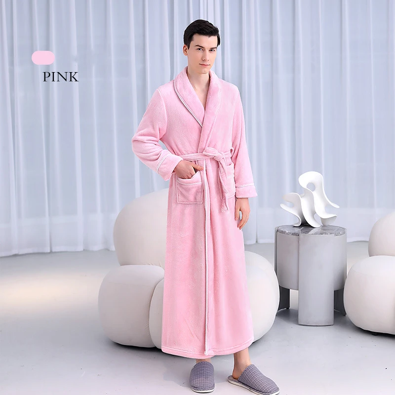 Womens Solid Color Bathrobe Ladies Fleece Plush Warm Long Robes Fleece Nightgown Sleepwear Couple\'s Thick Flannel Homewear