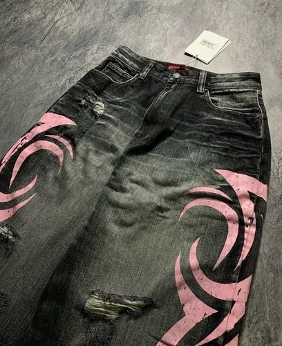 Imagen 2 del producto Y2K-pantalones vaqueros góticos con grafiti, Vaqueros holgados con estampado Punk, Pantalones rectos Retro de calle de Hip Hop, pantalones de pareja Harajuku de calle alta