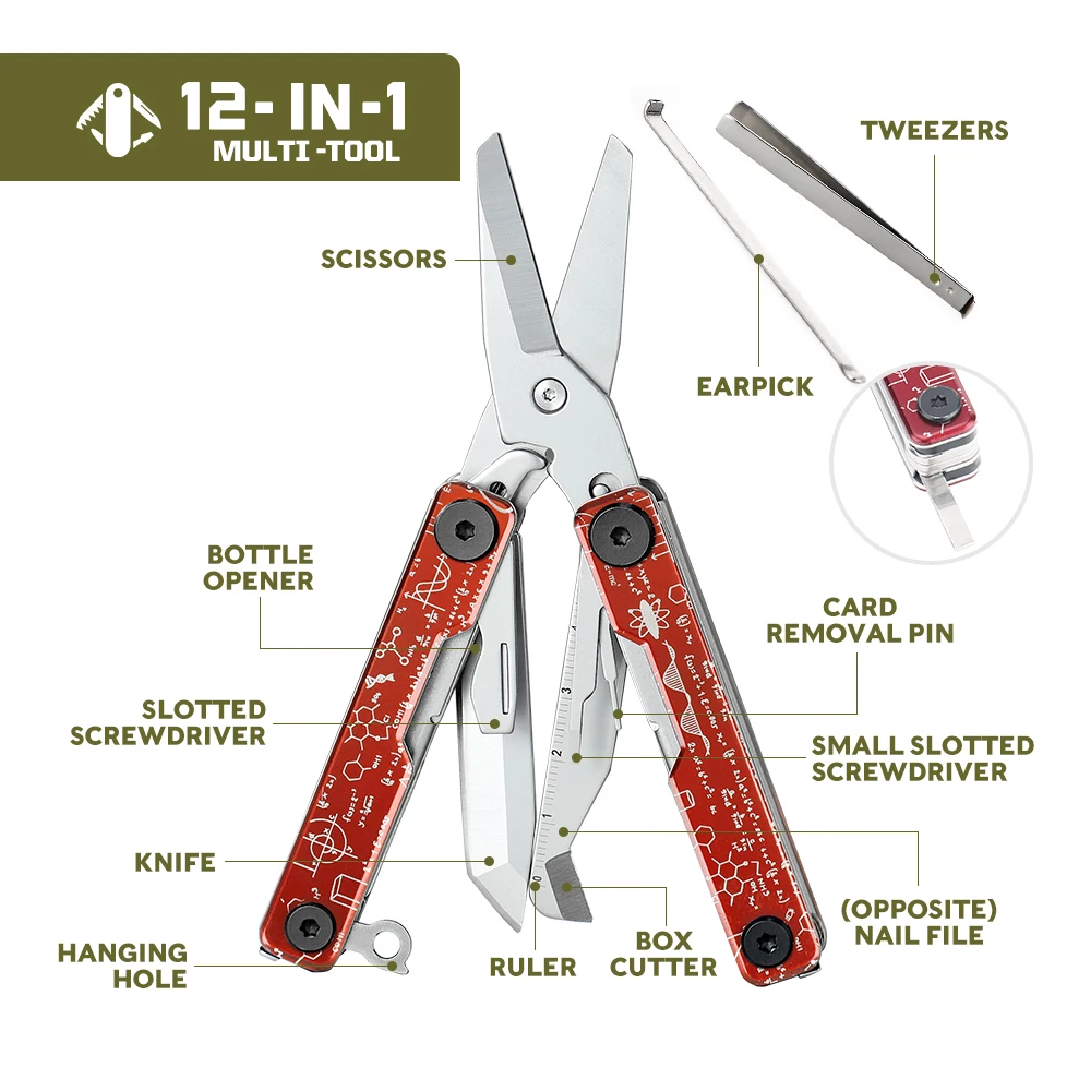 Imagem -02 - Swiss Mais Tech-portátil Spring-action Tesoura Bolso Edc Multitool com Faca Dobrável Ferramentas Manuais de Acampamento ao ar Livre Box Cutter 12 em 1