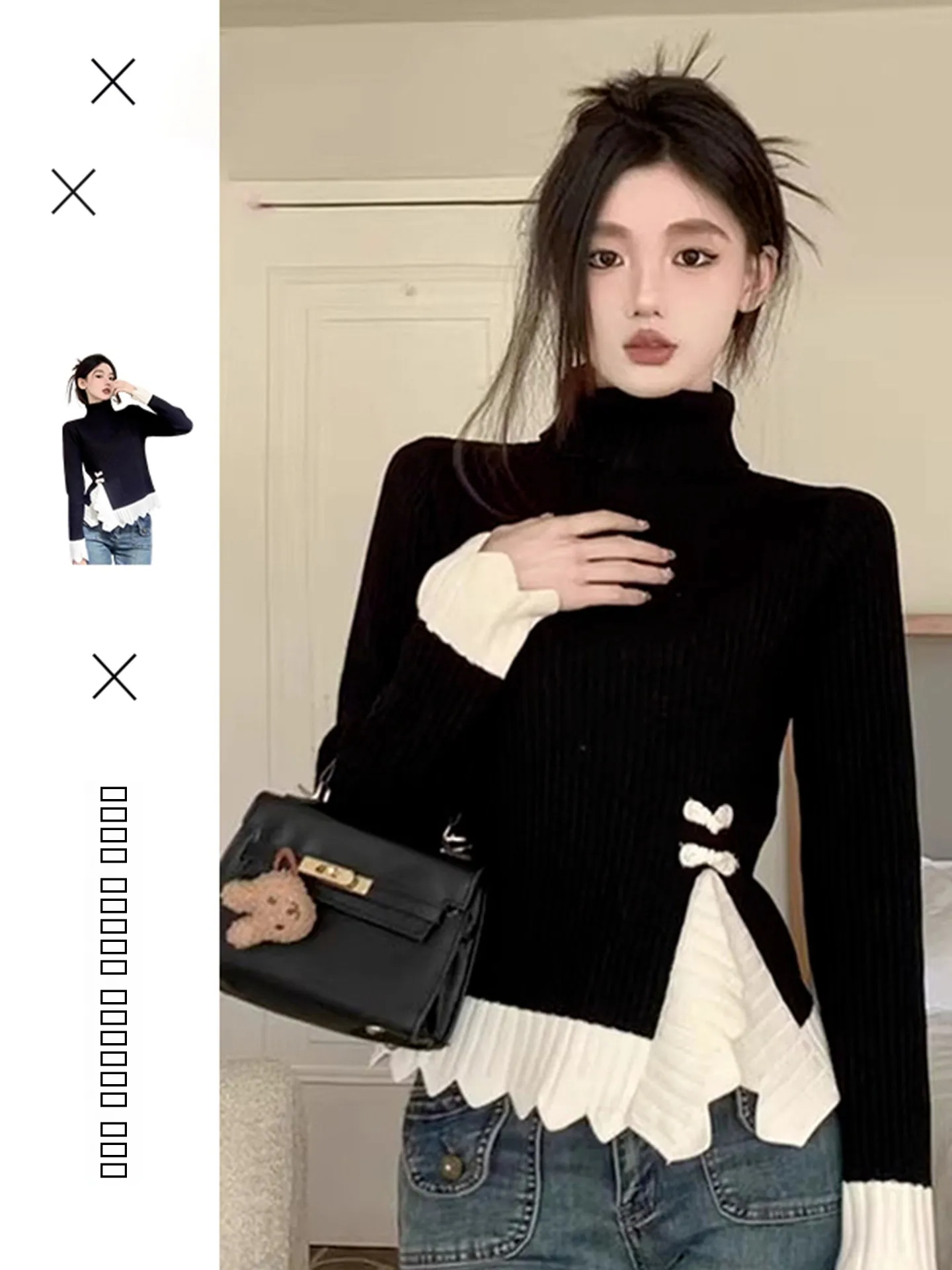 

New Chinese Sle High Collar Knitted Sweater Women's Autumn Winter Bla Base Layer irt Design Sense Top Fake Two-Piece