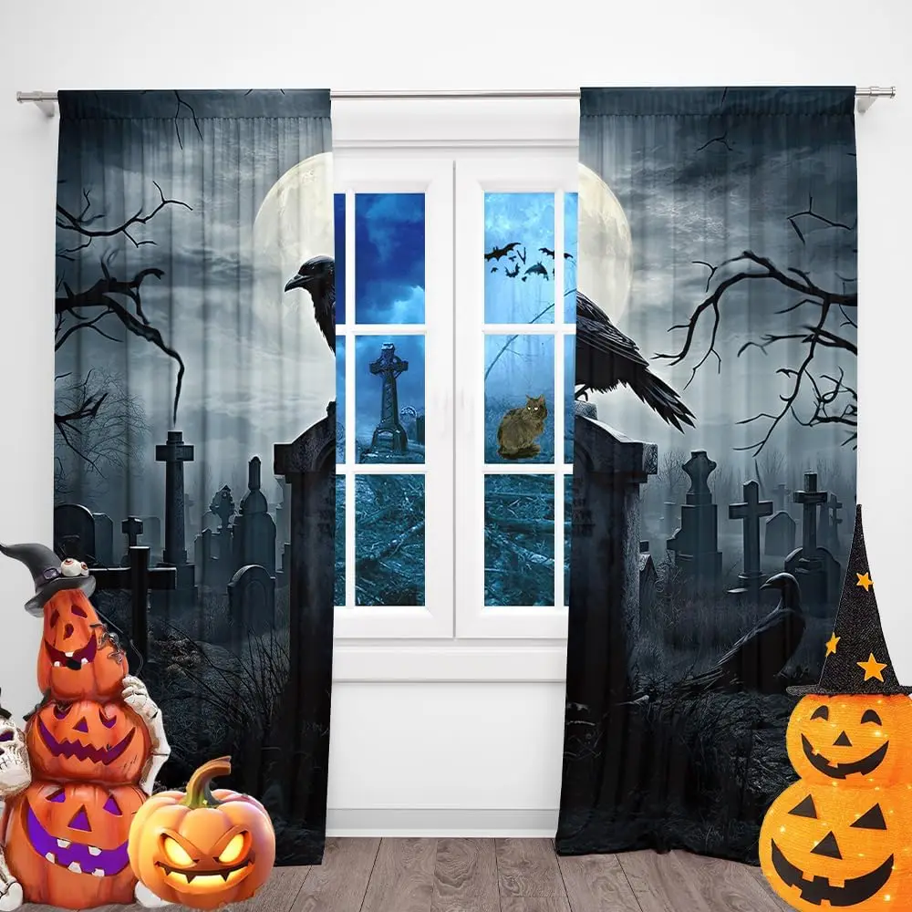 Spooky Halloween Curtain Backdrop Gothic Graveyard Horror Cemetery Window Dressing Seasonal Scary Mood Wall Decor Panel Curtain