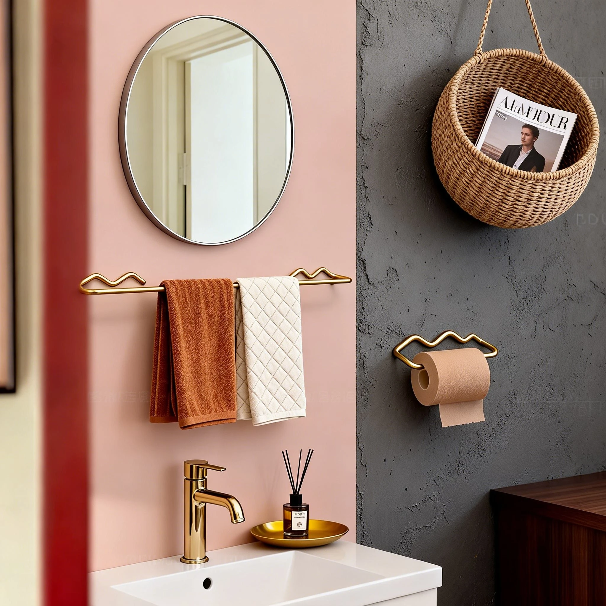 

Red Wall Mounted Towel Holder Shelf, Modern Bathroom Organizer with Hooks, Space Saving Tissue & Storage Rack for Kitchen