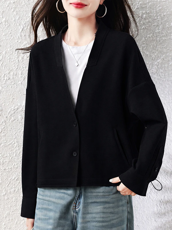 Laid-back Style Loose Women's Cardigan Pure Color V-neck Versatile Casual Outerwear Autumn Fashion Elegant Brand Short Coat