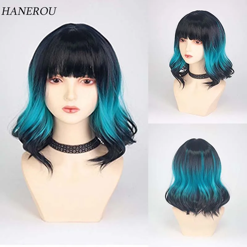 

Short Synthetic Wigs Black Gradient Blue Curly Wave Wigs with Bangs for Women Cosplay Party Halloween Bob Wigs Heat Resistant