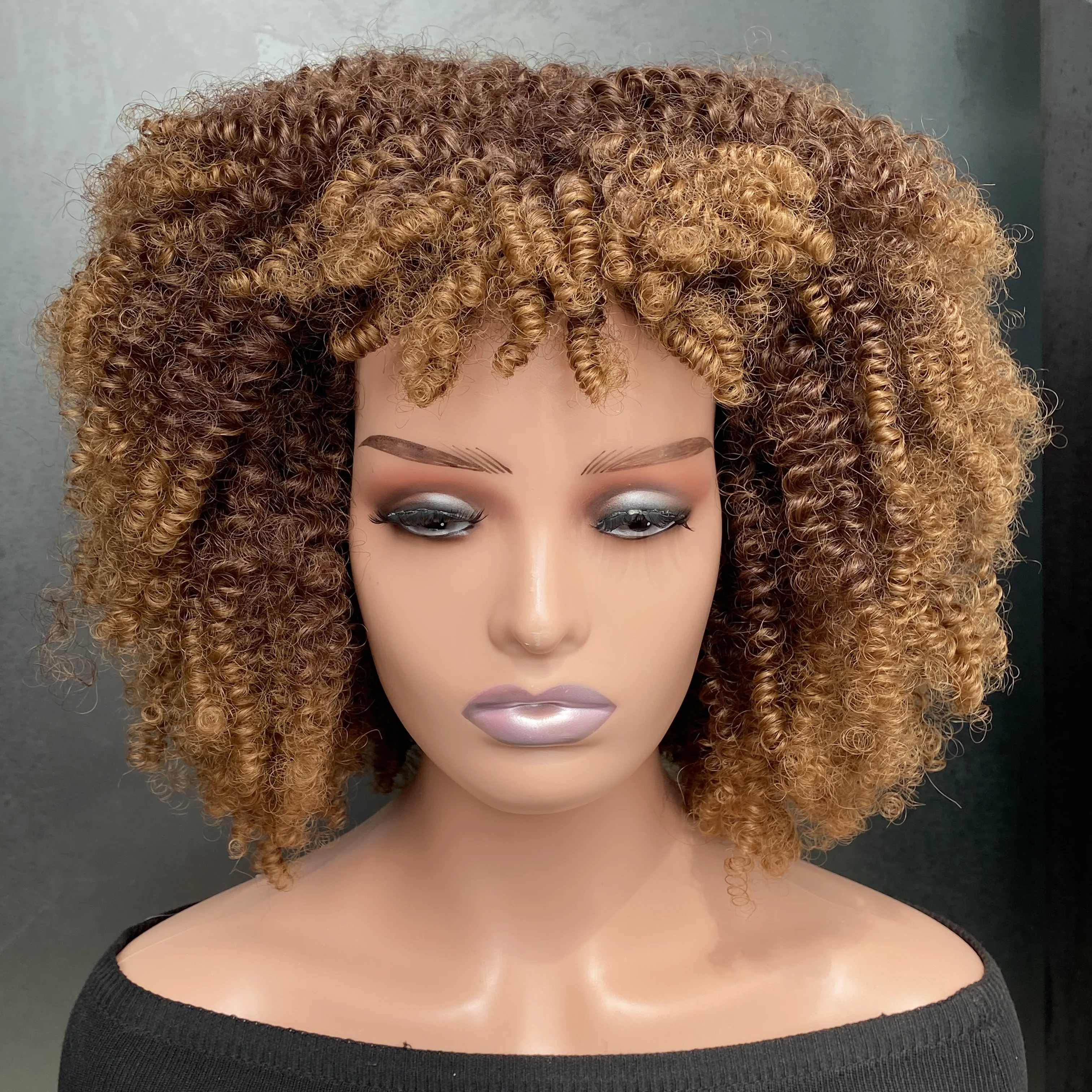 14 Inches Curly Wigs Synthetic Hair for Black Women Curly Wig with Bangs Glueless Afro Wig Big Kinky Curly Wig Replacement Wigs