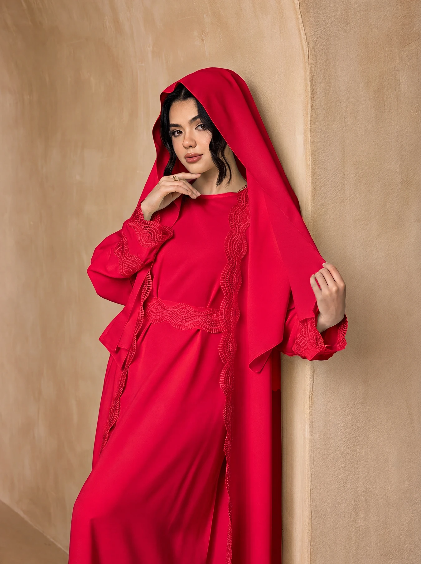Scalloped Wave Lace Open Abaya 3 Piece Suit, Matching Hijab Lace Waistband Flare Sleeve Modest Muslim Eid Party Maxi Outfit