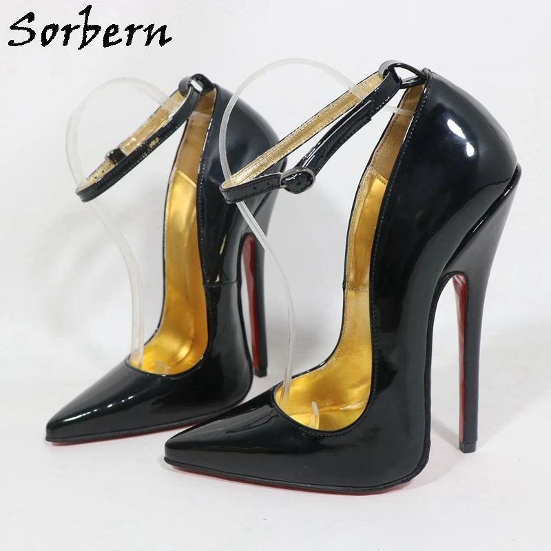Sorbern أسود لامع مثير النساء حذاء بكعب مع حزام الكاحل وأشار أصابع الذهب بطانة الخناجر 16 سنتيمتر عالية الكعب لون مخصص