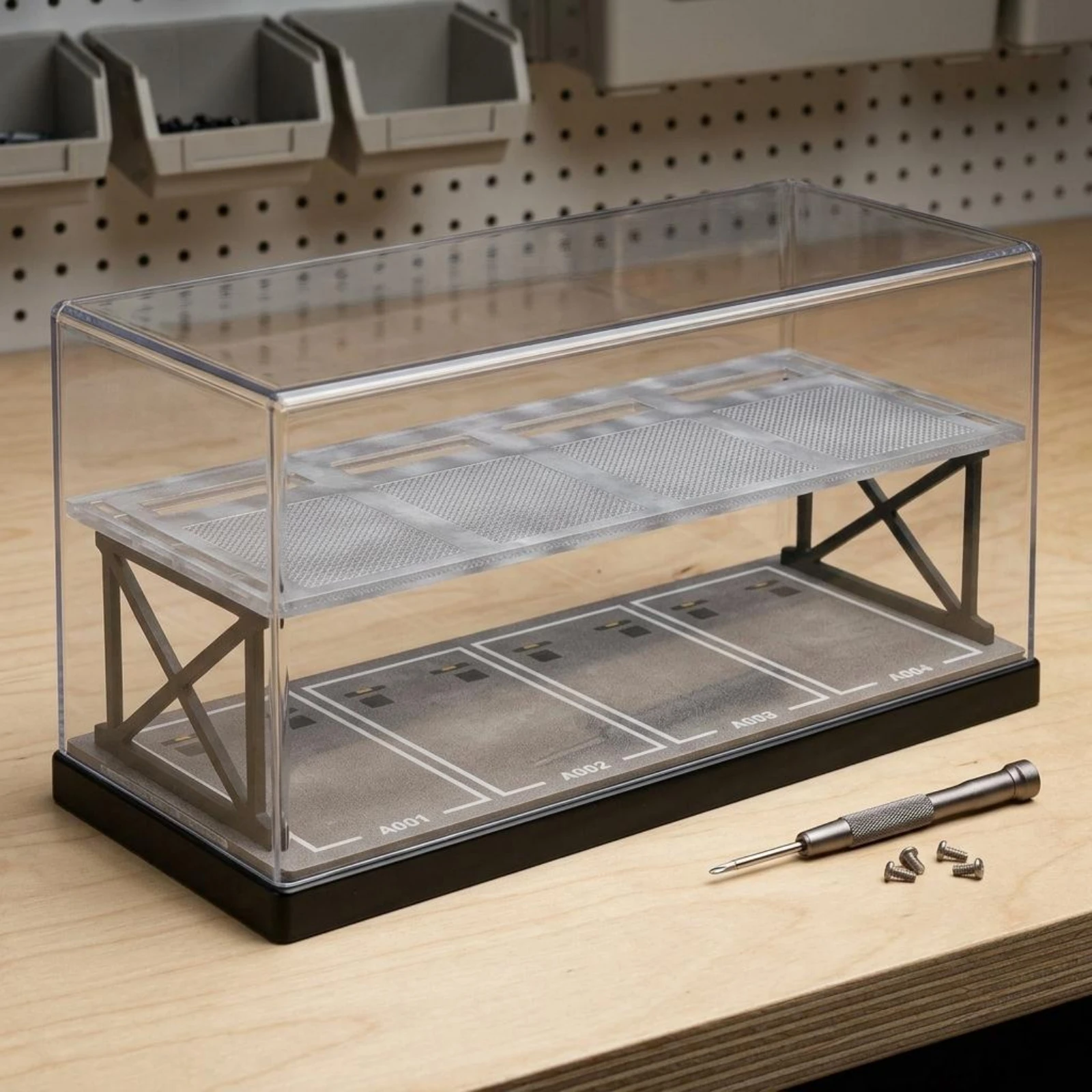 Diorama de Garaje para Autos a Escala 1:64, Garaje de Dos Niveles con Panel Frontal Transparente, Escena en Miniatura, Estacionamiento para Autos de Aleación