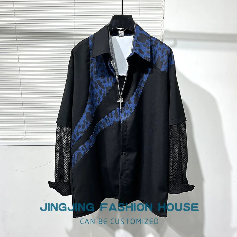 

2023 Original black department personality irregular leopard print patchwork mesh loose and handsome shirt men's fashion shirt