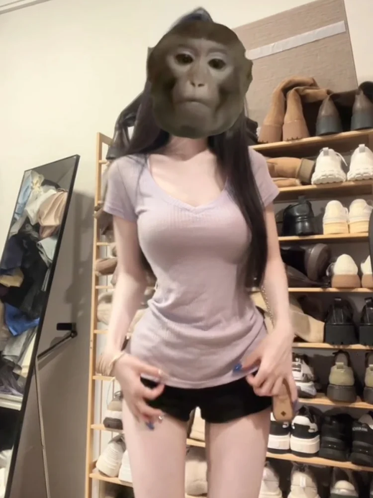 الكورية Sle الرغبة النقية الأرجواني ort Sve V-ne تي شيرت المرأة التخسيس الخصر مقصوص الصيف Faionable