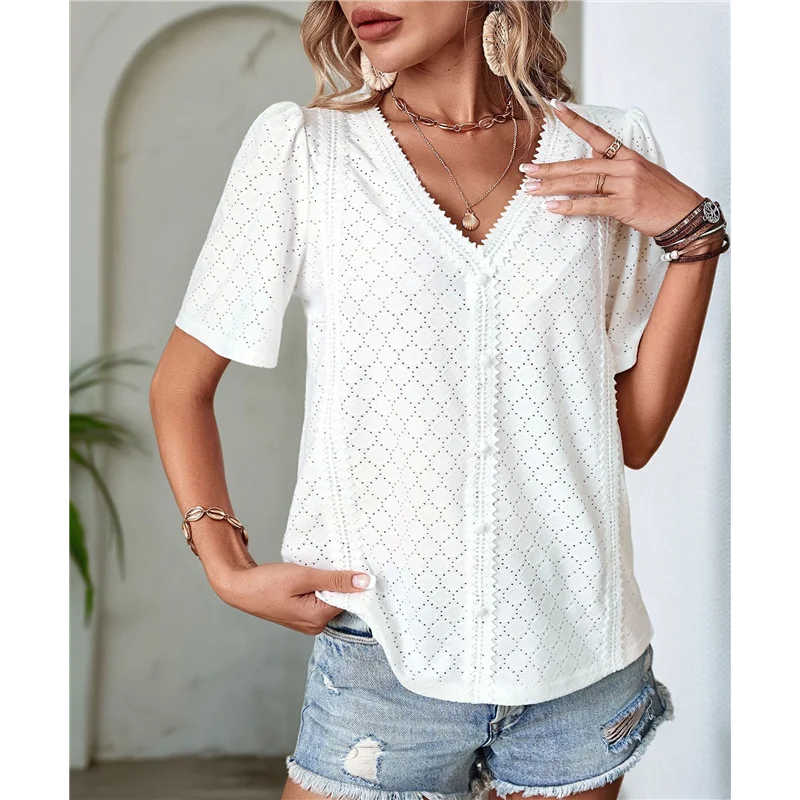 ผู้หญิงเสื้อลําลองธุรกิจ Dressy เสื้อทํางานฤดูร้อนชุดแฟชั่น 2025 แขนสั้น V คอ TShirt