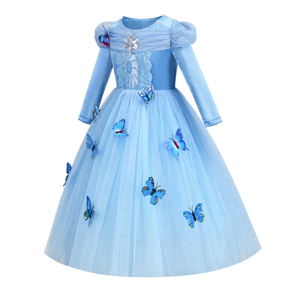Kids Blue Cinderella Princess Dress Up Long Sleeve Tulle Party Outfit with Butterfly Decor Ideal for Christmas Birthdays Party