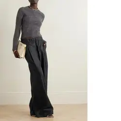 2024 Autumn and Winter New Wool Blended Wide Foot Mid-Waist Trousers Women's Grey Straight Leg Wide Leg Slim Casual Pants