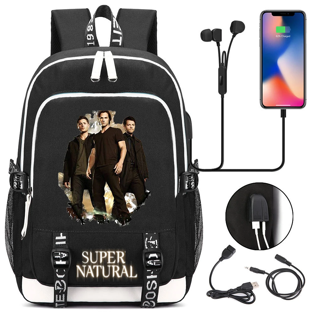 Sobrenatural mochila masculino feminino carregamento usb portátil viagem mochila menino menina adolescente escola mochila casual