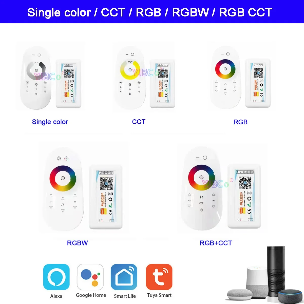 2.4G  Wifi LED Controller Tuya 5V-24V Single color/CCT/RGB/RGBW/RGB+CCT LED Strip Smart Dimmer Alexa Google Home Voice phone APP