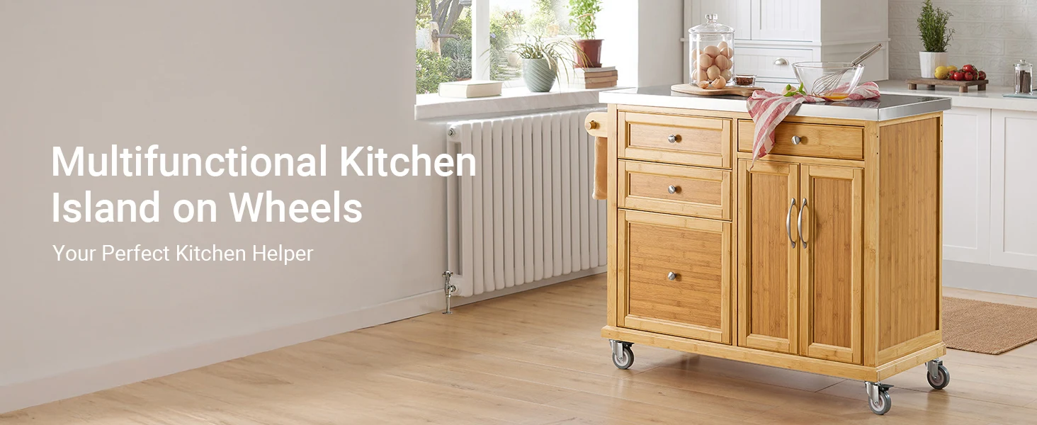 SoBuy FKW70-N Kücheninsel auf Rollen mit Edelstahl-Arbeitsplatte und Schubladen, Barwagen Natur 115x92x46cm – Detail 5