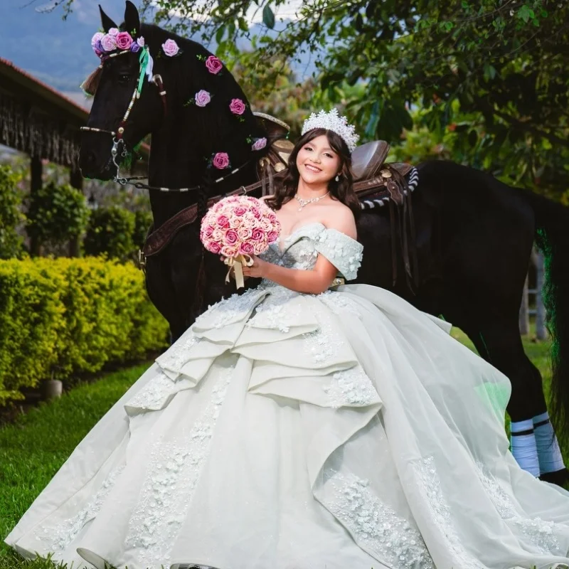 

Light Green Quinceanera Dresses Off the Shoulder Sequins 3D Flower Decal Long tail Bow Vestidoe 15 Quinceanera Customize