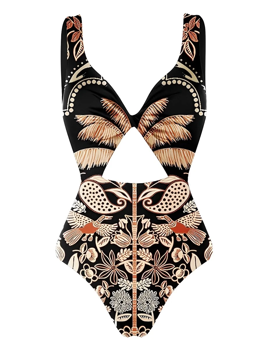 2024 Hollow Out Print Swimsuit Women One Piece V Neck Swimwear Female Beachwear Bathers Bathing Swimming Swim Suit