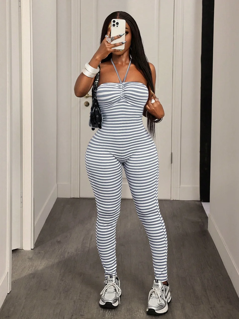 

Halter Neck Striped Bodycon Jumpsuit With Ruched Bust Detail Casual Slim Fit Rompers For Women Streetwear