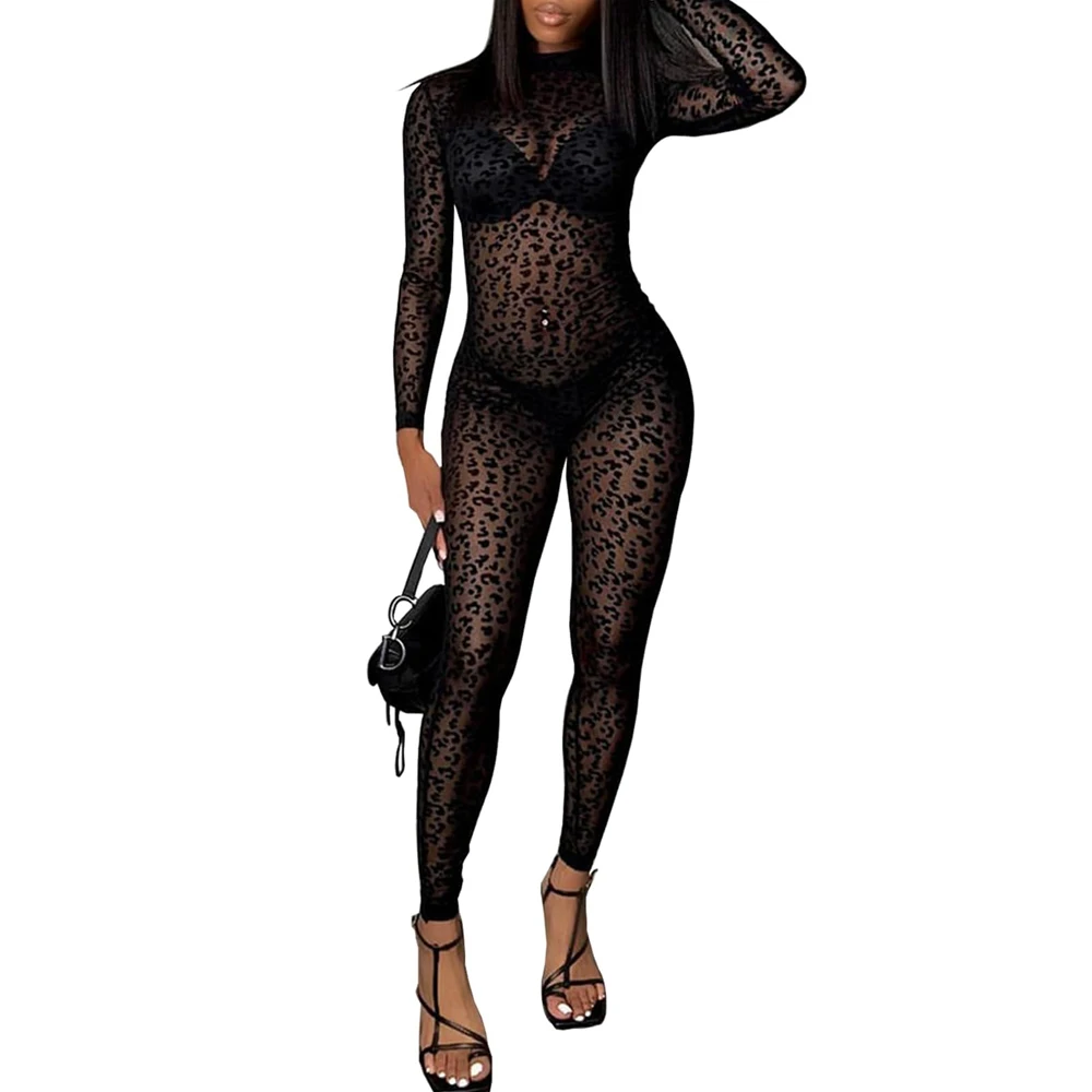 Women See Through Bodycon Jumpsuit One Piece O Neck Slim Fit Outfits Sheer Mesh Leopard Night Clubwear Party Jumpsuits Rompers — zdjęcie 2