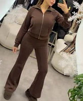 Conjunto Casual de Dos Piezas para Mujer, Chaqueta con Cierre y Cuello Camisero, Pantalones Acampanados de Cintura Alta Elástica