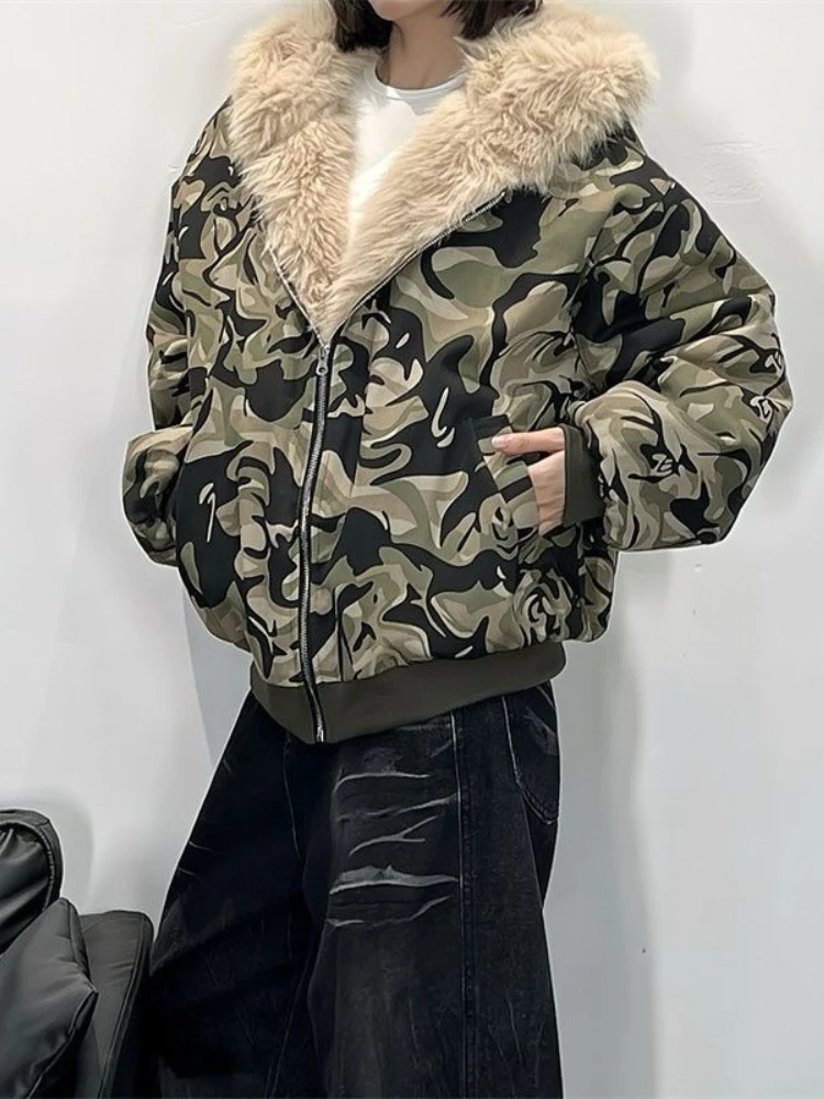 للجنسين الشتاء التمويه قماش الفراء طوق معطف شيربا اصطف المتضخم البخاخ مقنعين سترة زوجين مطابقة الشارع القطن سترات #1
