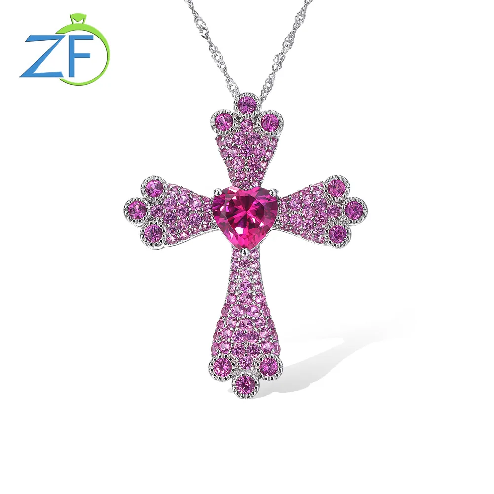 

GZ ZONGFA Pure 925 Sterling Silve Necklace For Women Created Pink Sapphire Heart Cross Pendant 18"+2"Chain Lenght Fine Jewelry