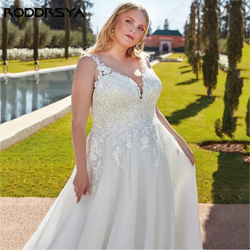 Roddrsya Mouwloze Plus Size Trouwjurken Organza A-lijn Bruidsjurken Boho V-hals Robe De Mariee Fluide Ivoor Custom Made Mouwloos Plus Size Bruidsjurken Organza A-Lijn Bruidsjurken Boho V-hals robe de mariée fluide Ivoo