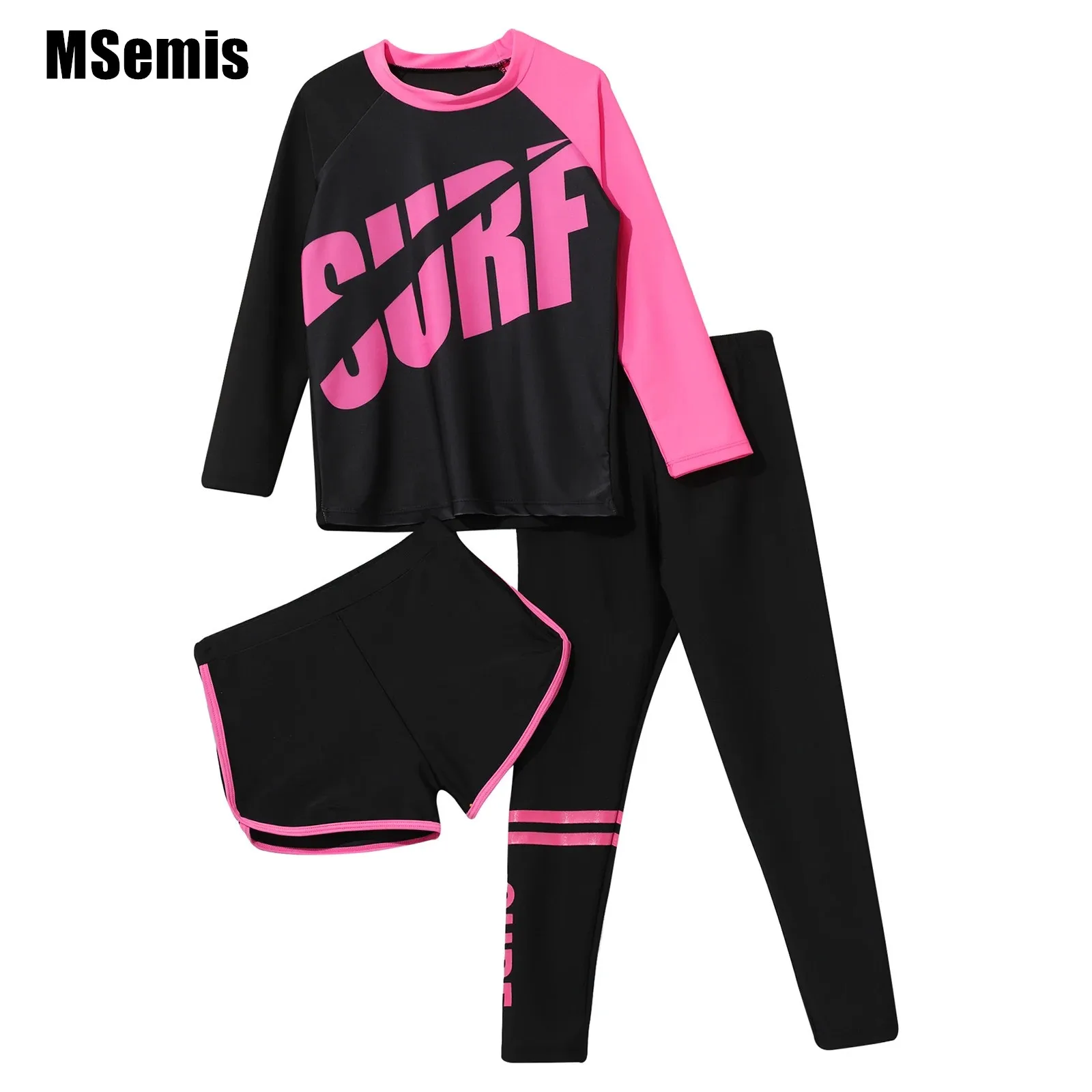 

Kids Girls Boys Swim Suit Letter Print Long Sleeve Top Shorts And Pants Set Bathing Suit Sun Protection Rash Guard Swimwear