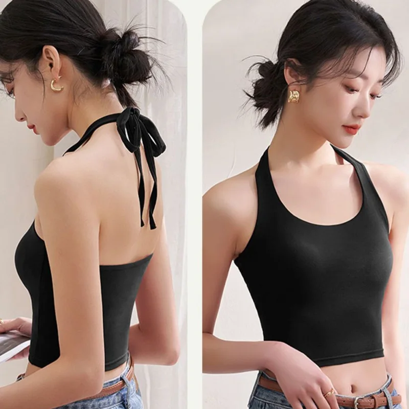 Haut court avec coussretours de poitrine pour femme, bretelles spaghetti, dos licou, sous-vêtements dos beauté, fibrCamisole, Y, 40-60kg