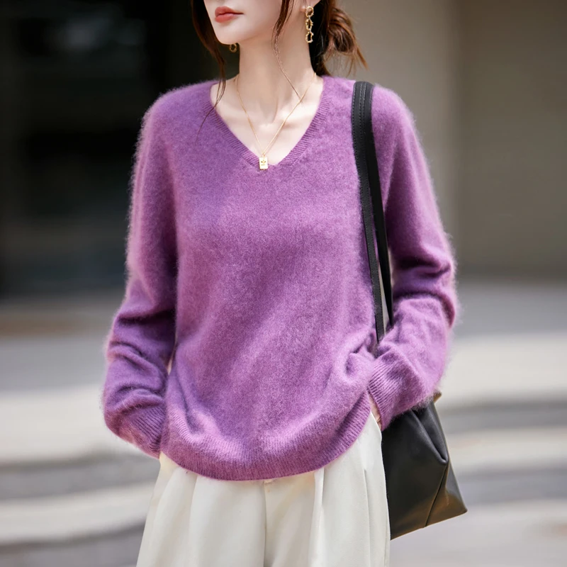 

Зимняя женская одежда, топ из матовой шерсти, серый теплый повседневный свитер с v-образным вырезом, мягкий однотонный вязаный пуловер, флисовый шерстяной топ