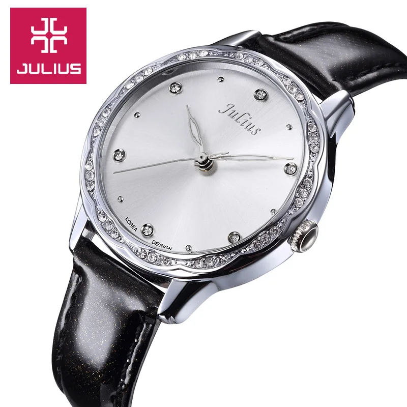 Hot Pink Julius Lady Women\'s Watch Japan Quartz Rhinestones Elegant Fashion Hours Real Leather Girl\'s Gift No Box