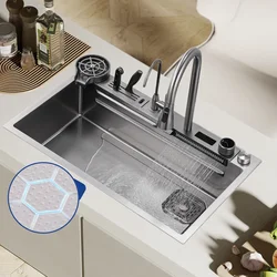Fregadero de cascada de acero inoxidable 304 para cocina, grifo grande de una sola ranura con toque multifunción, sobre la encimera