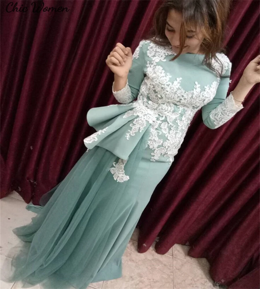 Elegant Sage Green Arabic Evening Dress With Train Lace Long Sleeve Mermaid Prom Dress Vintage Moroccan Formal Party Customized