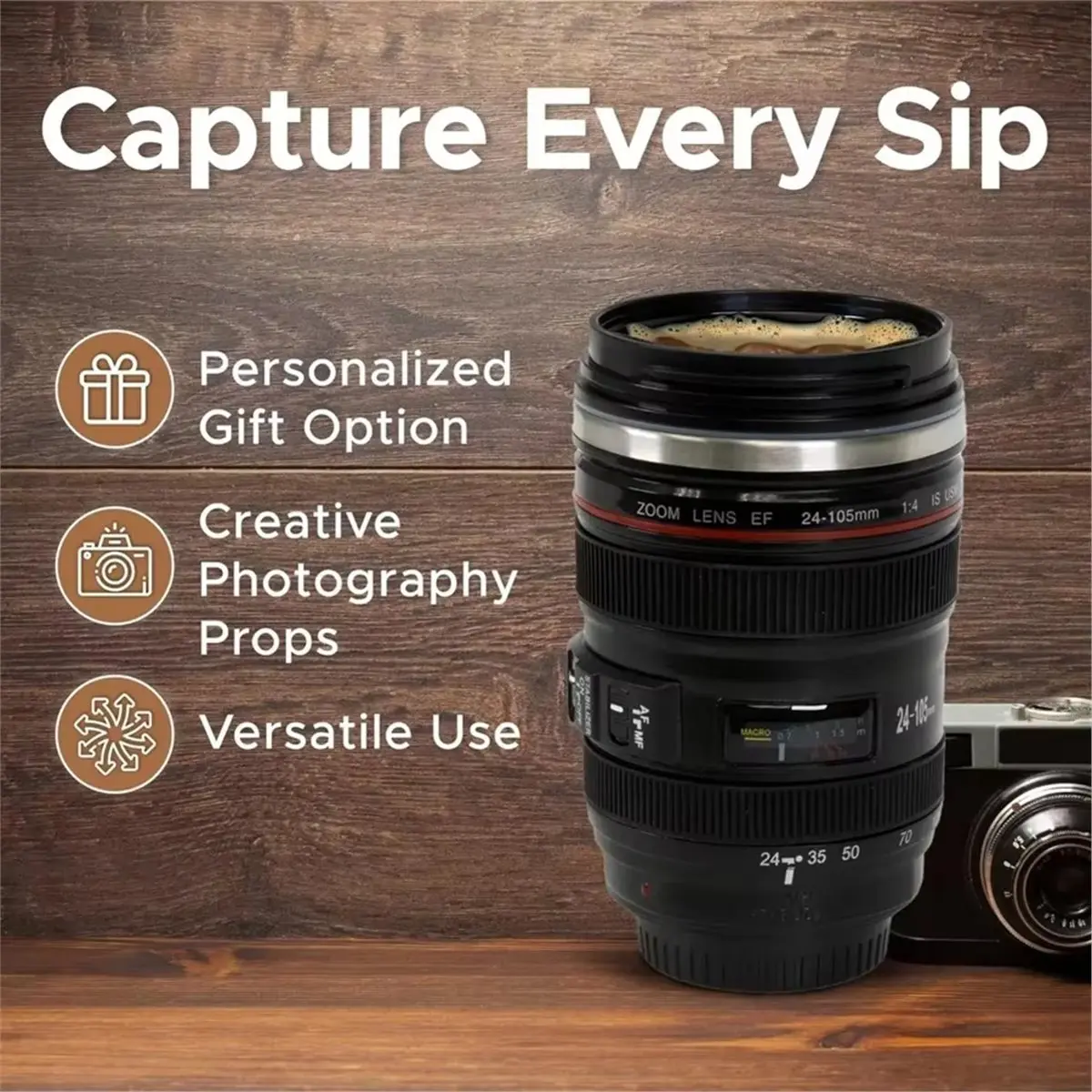 SLR Lens Cup Camera Camera Lens Model Stainless Steel Casual Cup with Lid Coffee Mug Black Coffee Mugs