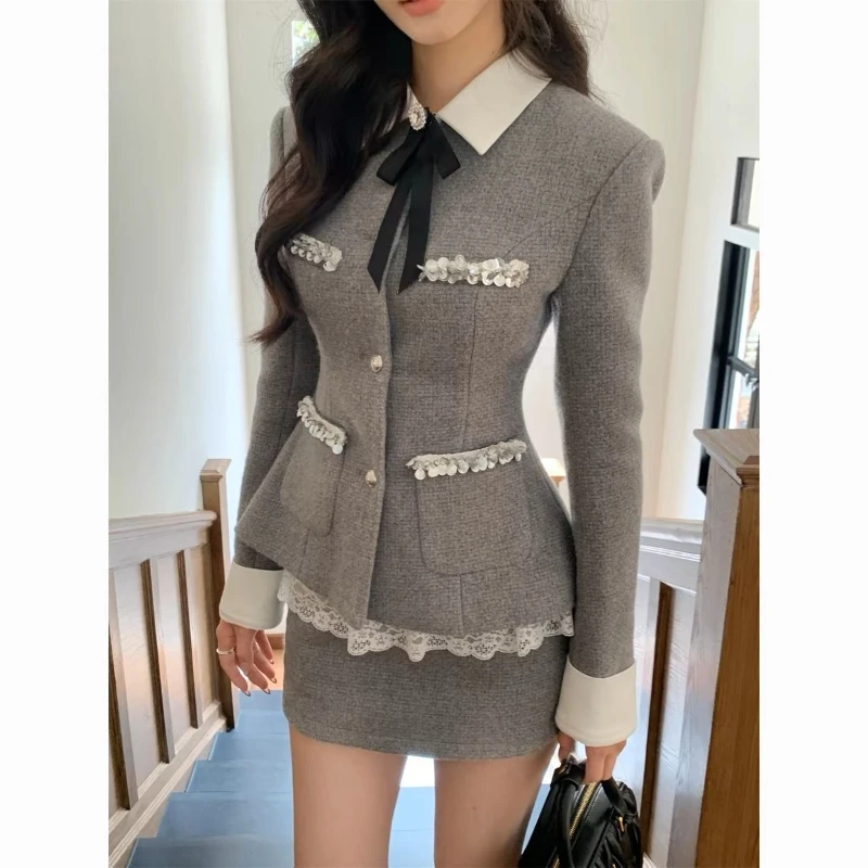 

Korean Style Autumn New Set Women Lapel Collar Slimming Suit Coat+Lace Splicing A-line Short Skirt Elegant Two Piece Set