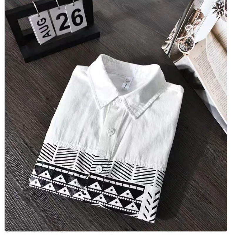 

Korean Patchwork Print Smart Casual Blouse Men's Spring Autumn Long Sleeve Polo Neck Loose Fashion Shirts Trend Office Clothing