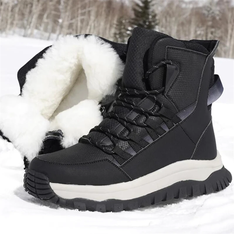 New Outdoor Casual High Top Cotton Boots Men Winter Fur Thick Plush Warm Snow Boots Youth Cold-weather Ankle Boots Male Black