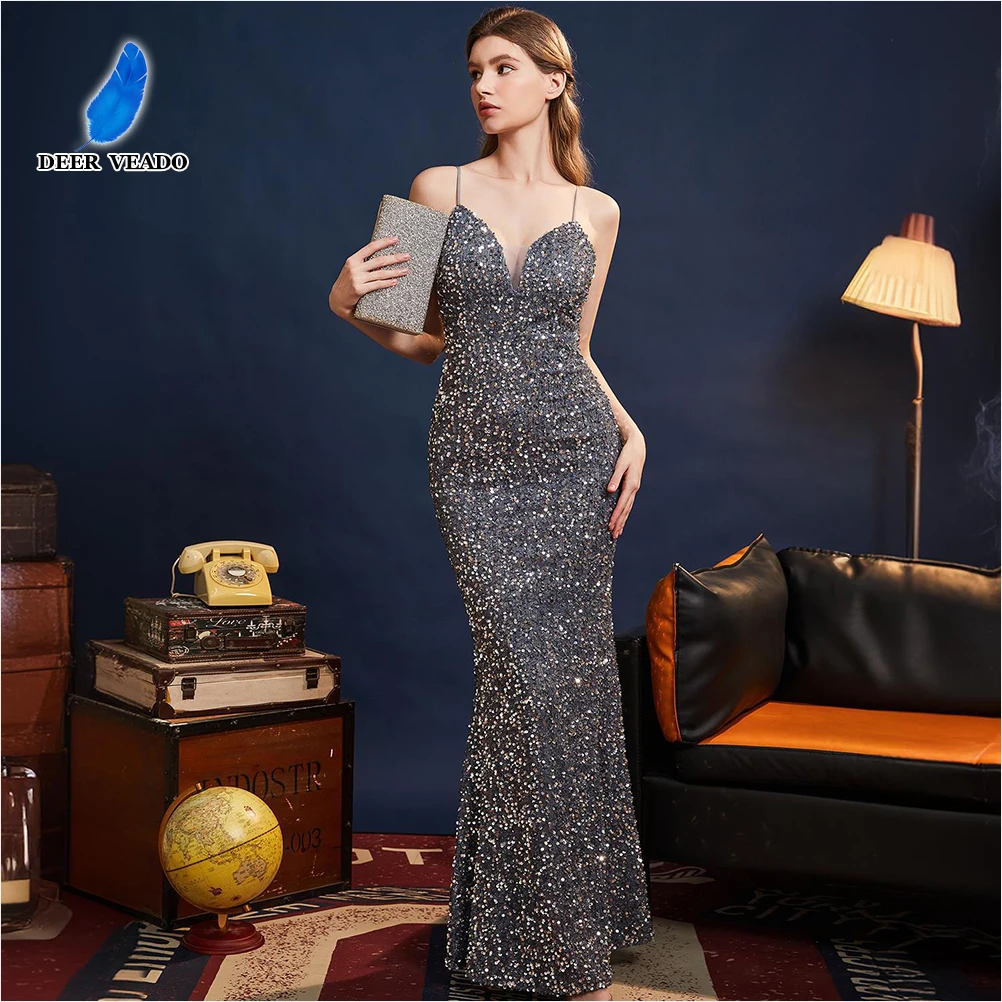 

DEERVEADO 6 Colors Women's Strap Sequins Evening Dresses Sexy Mermaid V Neck Gala Party Dress Long Formal Occasion Dresses